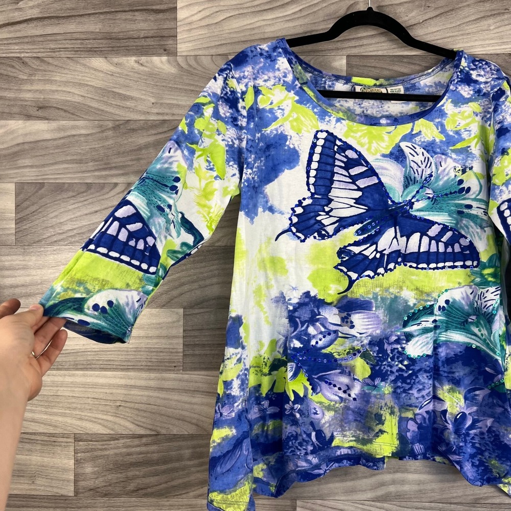 Collections Etc Blouse Womens M Blue Tie Dye Asymmetric Hem 3/4 Sleeve Artsy - Picture 4 of 10
